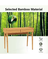 Bamboo Writing Desk 39.5'' Computer Study Desk with 2 Storage Drawers & Open Shelf