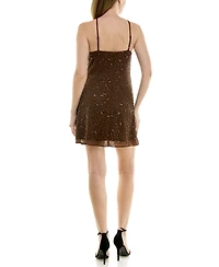 Rare Juniors' Floral Beaded Chiffon Halter Neck Flared Mini Dress