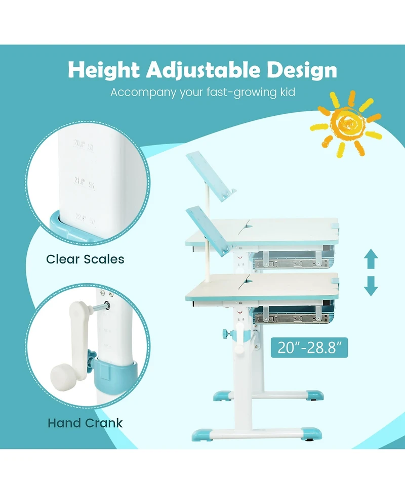 Height-Adjustable Kids Desk Children Study Table with Tilt Desktop & Book Stand