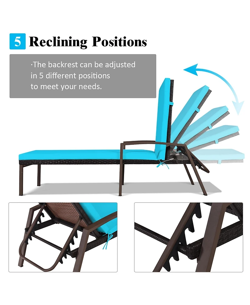 Costway 2PCS Patio Rattan Lounge Chair Chaise Recliner Back Adjustable Cushioned