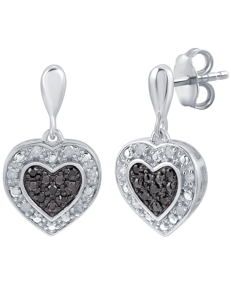 Black & White Diamond Heart Drop Earrings (1/6 ct. t.w.) in Sterling Silver