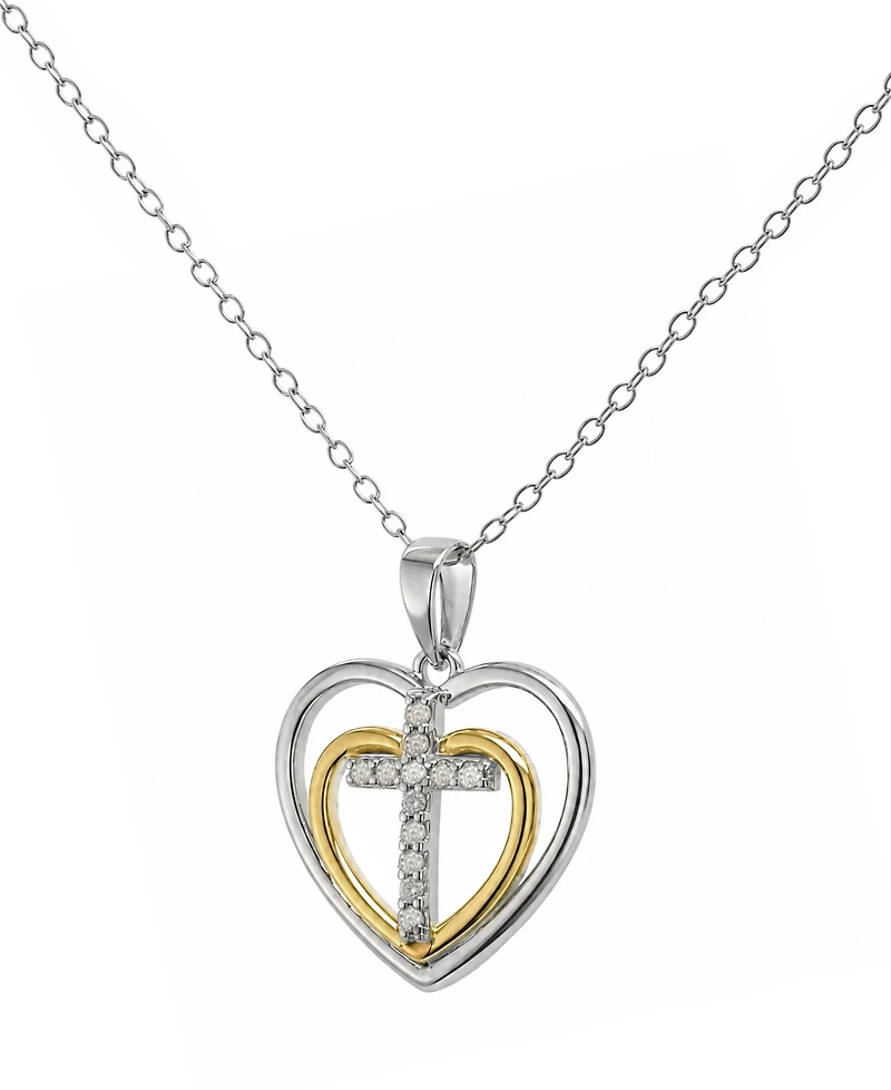 Diamond Double Heart Cross Pendant Necklace (1/10 ct. t.w.) in Sterling Silver & 14k Gold-plated Sterling Silver