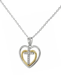 Diamond Double Heart Cross Pendant Necklace (1/10 ct. t.w.) in Sterling Silver & 14k Gold-plated Sterling Silver