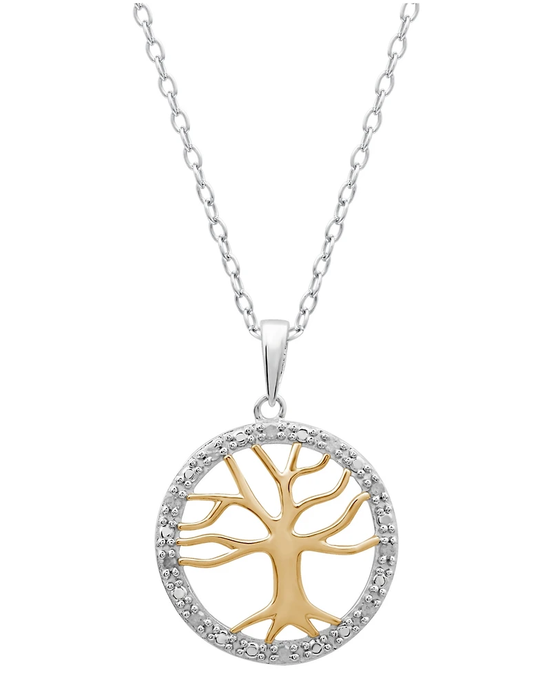 Diamond Family Tree Pendant Necklace (1/10 ct. t.w.) in Sterling Silver and 18k Gold over Sterling Silver