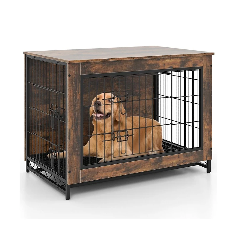 Ruie Dog Crate Furniture End Table with Double Lockable Doors Pull-Out Tray
