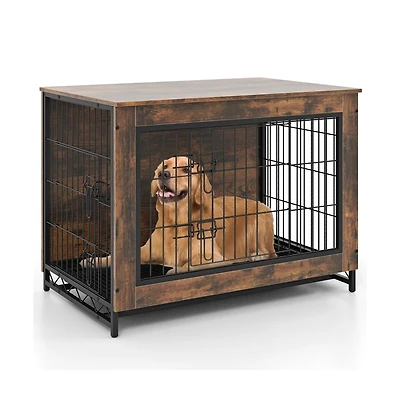 Ruie Dog Crate Furniture End Table with Double Lockable Doors Pull-Out Tray
