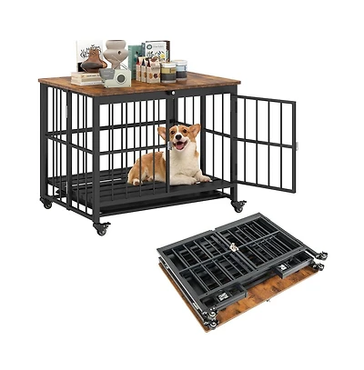 Ruie Foldable Dog Crate Furniture End Table Removable Tray Lockable Door Wheels