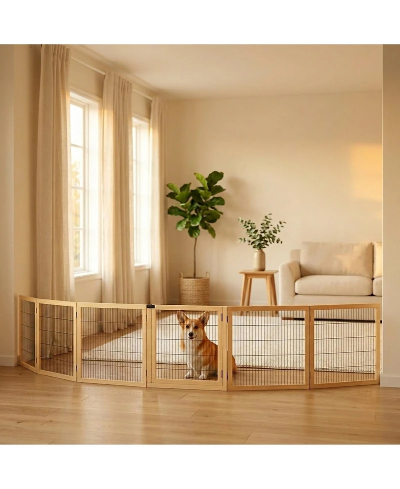 Ruie 6-Panel Folding Wooden Pet Gate Freestanding Dog Safety Barrier