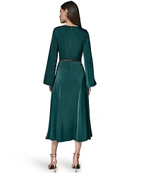 Satin Long Sleeve Cowl Neck Belted A-Line Dress