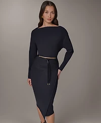 Two-Piece Long Sleeve Draped Top & Pencil Skirt Set with Belt