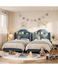 Gaomon 2 Set of Twin Bed Frame, Velvet Platform Bed Frame with Led Light and Storage Headboard, Sturdy Wooden Slats, No Box Spring Needed