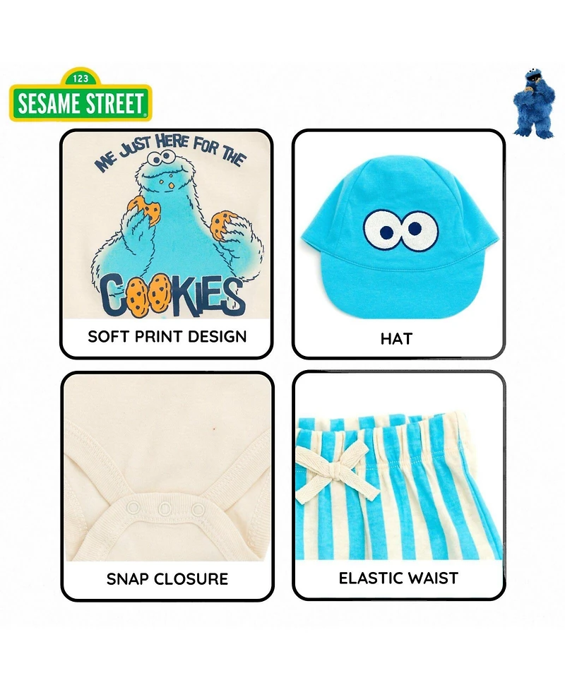 Sesame Street Baby Cookie Monster ( new born to 24 M )Short Sleeve Bodysuit and Bottoms Set with Hat