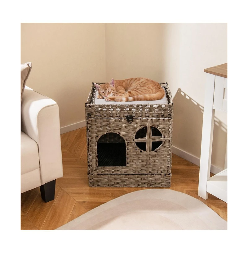 Ruie Foldable 2-Tier Rattan Cat Litter Box Enclosure House with Litter Mat