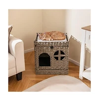Ruie Foldable 2-Tier Rattan Cat Litter Box Enclosure House with Litter Mat
