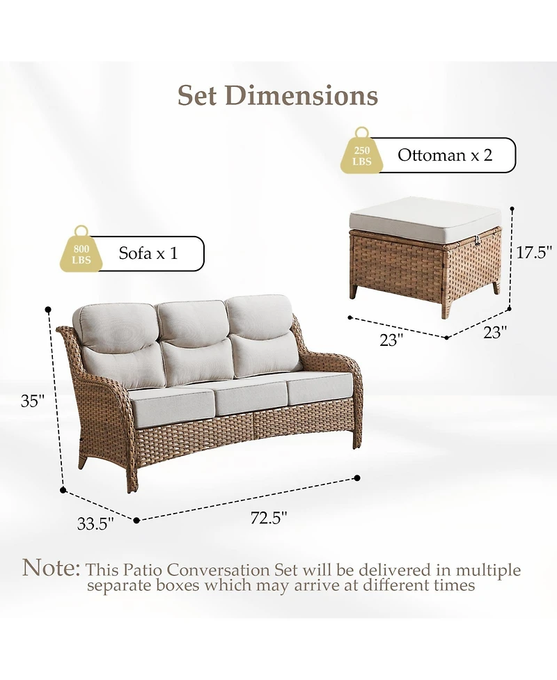 Pocassy Wicker Outdoor Patio Furniture Set 3 Pieces Patio Conversation Set, Rattan Sofa Couch with Ottomans for Deck Porch and Garden