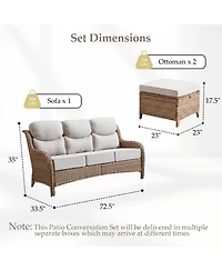 Pocassy Wicker Outdoor Patio Furniture Set 3 Pieces Patio Conversation Set, Rattan Sofa Couch with Ottomans for Deck Porch and Garden