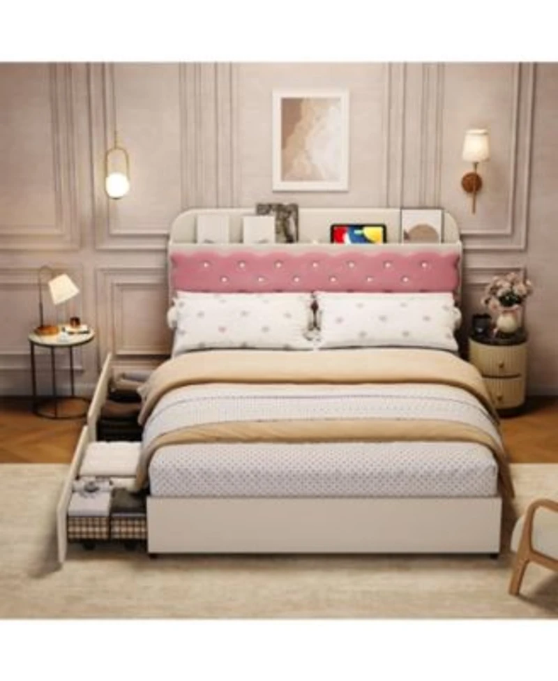 Gaomon Velvet Upholstered Platform Bed With Biscuit Tufted Storage Headboard Drawer Sturdy Wood Slats No Box Spring Needed Easy