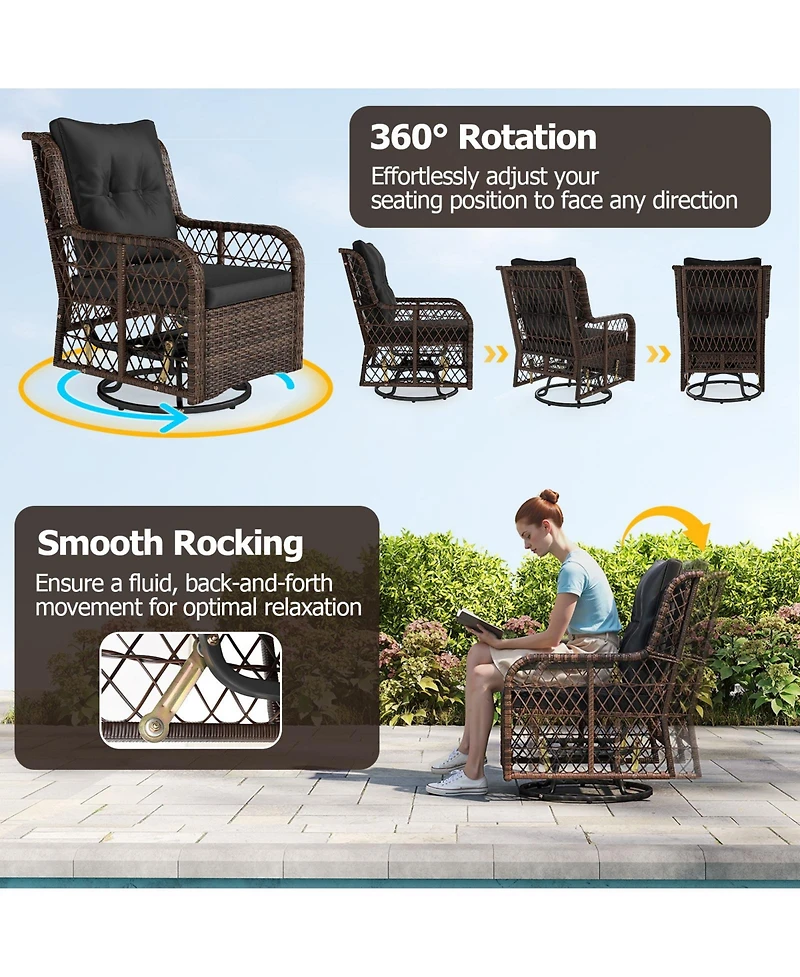 Sugift 3 Pieces Patio Furniture Set Pe Wicker Swivel Glider Chairs with 2-Tier Side Table and Cushions