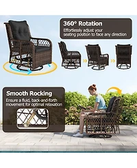 Sugift 3 Pieces Patio Furniture Set Pe Wicker Swivel Glider Chairs with 2-Tier Side Table and Cushions