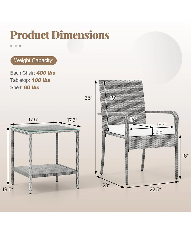 Sugift 3 Piece Patio Furniture Set with Seat Cushions and Tempered Glass Tabletop for Balcony