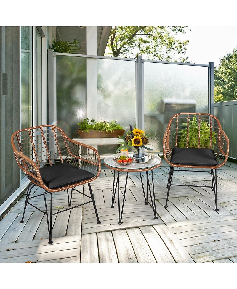 Sugift 3 Pieces Patio Rattan Bistro Set with Cushion
