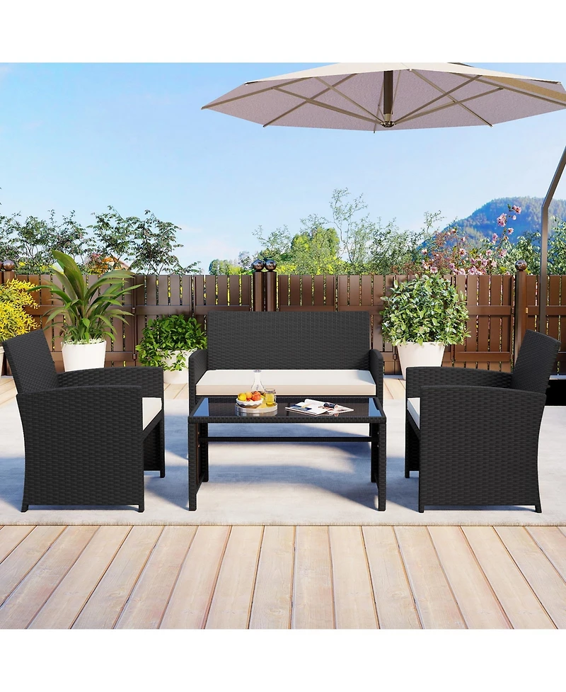 Sugift 4 Pieces Patio Furniture Set with Tempered Glass Tabletop and Removable Cushion