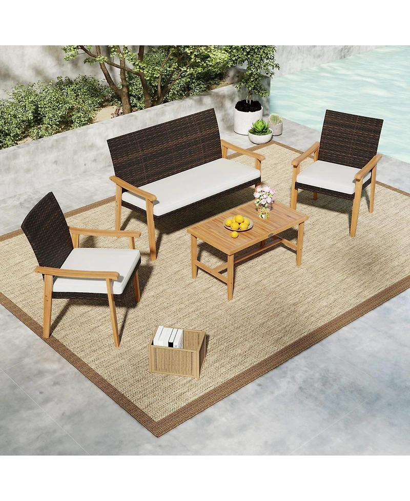 Sugift 4 Piece Patio Furniture Set Pe Rattan Porch Chairs with Acacia Wood Coffee Table and Soft Cushions