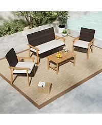 Sugift 4 Piece Patio Furniture Set Pe Rattan Porch Chairs with Acacia Wood Coffee Table and Soft Cushions