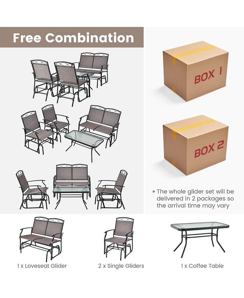 Sugift 4 Piece Patio Glider Conversation Set with Tempered Glass Coffee Table Top