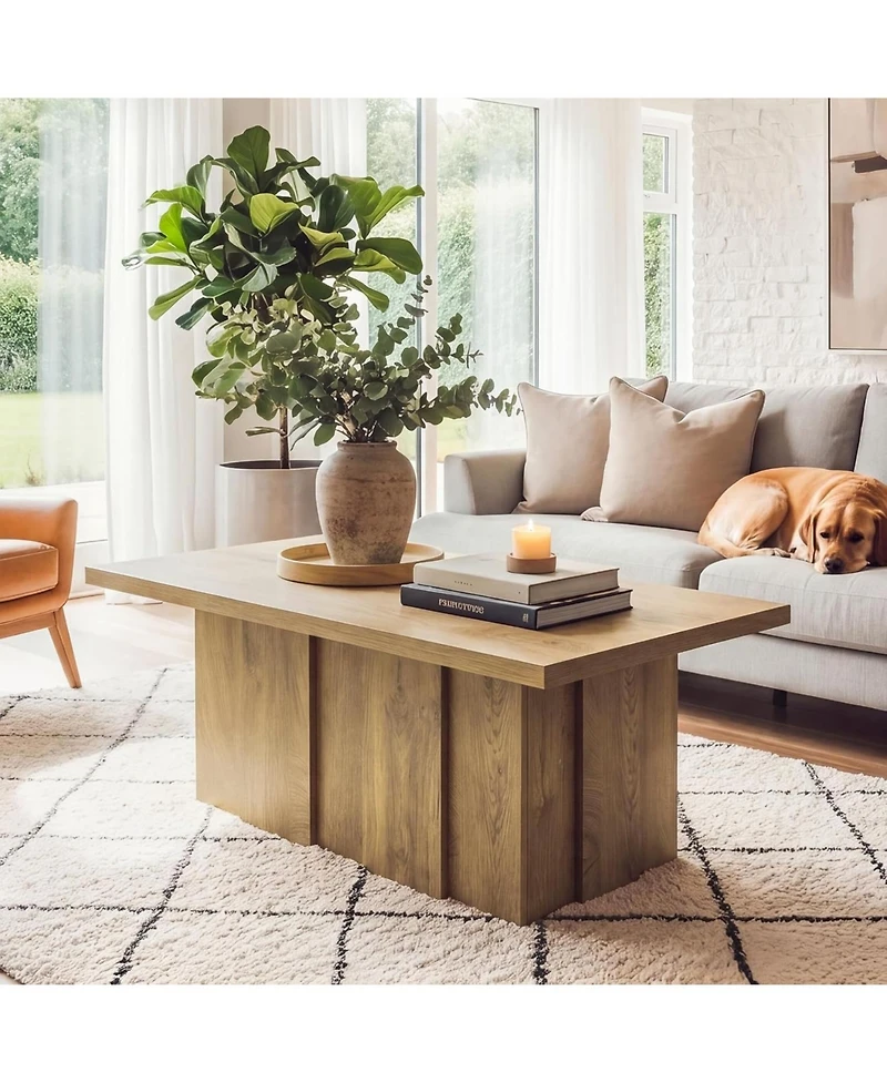 Tribesigns 47" Farmhouse Coffee Table, Rectangular Wooden Coffee Table with Fluted Base, Oak Finish Center Table, Heavy Duty Cocktail Tea Table