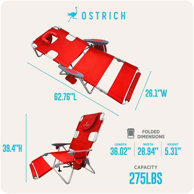 Ostrich The Backpack 3N1 Portable Chair Cooler Bag and Reclining Lounger, Red