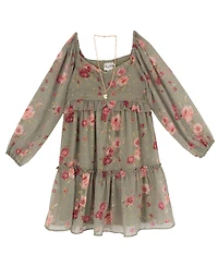 Rare Editions Girls' 7-16 Printed Chiffon Long-Sleeve Dress with Necklace, 2-Piece Set