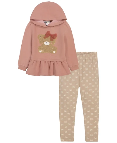 Kids Headquarters Toddler Girls' 2T-4T Bear Graphic Hooded Peplum Hoodie and Bow Print Leggings, 2-Piece Set