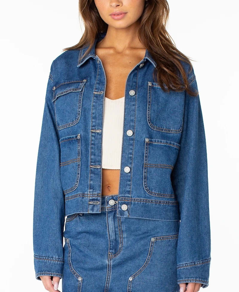 Roxy Women's Reel Life Cropped Oversized-Pocket Denim Jacket