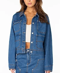 Roxy Women's Reel Life Cropped Oversized-Pocket Denim Jacket