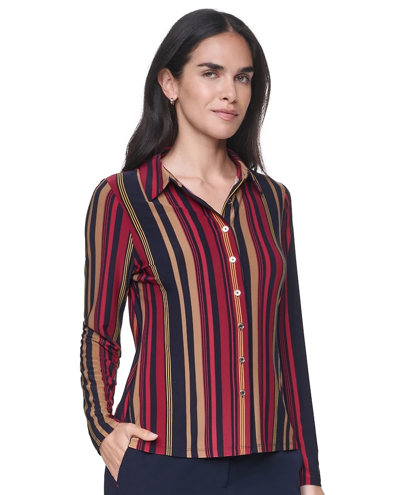 Tommy Hilfiger Women's Long-Sleeve Striped Knit Button-Up Top