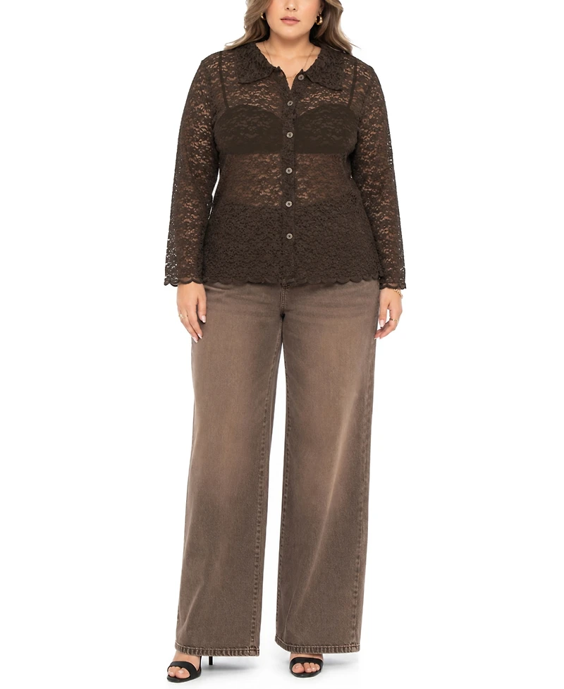 Coin 1804 Plus Floral Edge Lace Button-Front Shirt