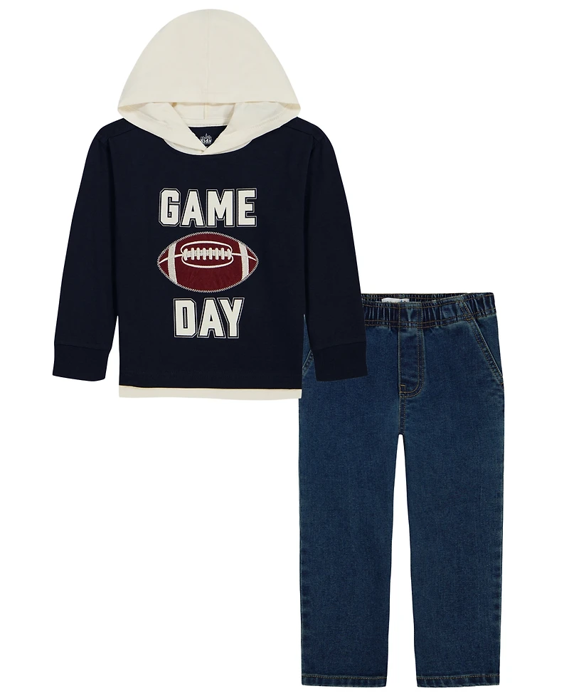 Kids Headquarters Toddler Boys' 2T-5T Football Graphic Hoodie T-Shirt and Denim Pants, 2-Piece Set