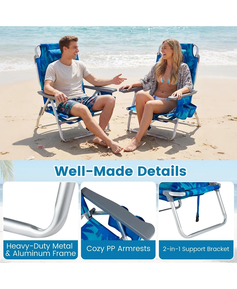 Gymax 2 Pieces Beach Chair 5-Position Outdoor Reclining Chairs w/ Head Pillow and Storage Bag