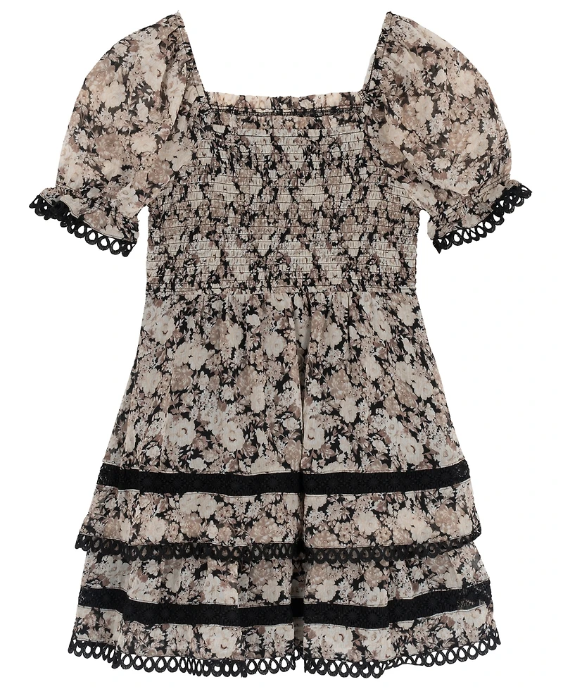 Rare Editions Girls' 7-16 Printed Floral Chiffon Puff Sleeve Smocked Bodice Dress