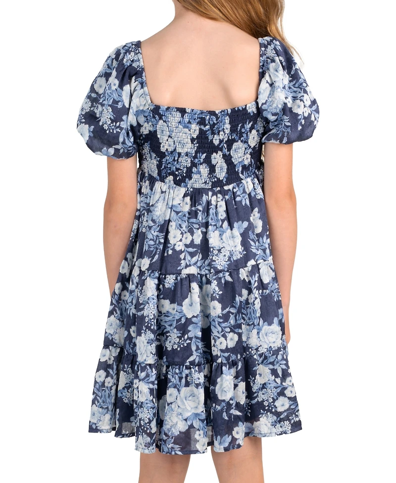 Rare Editions Girls' 7-16 Printed Floral Jacquard Chiffon Smocked Babydoll Dress