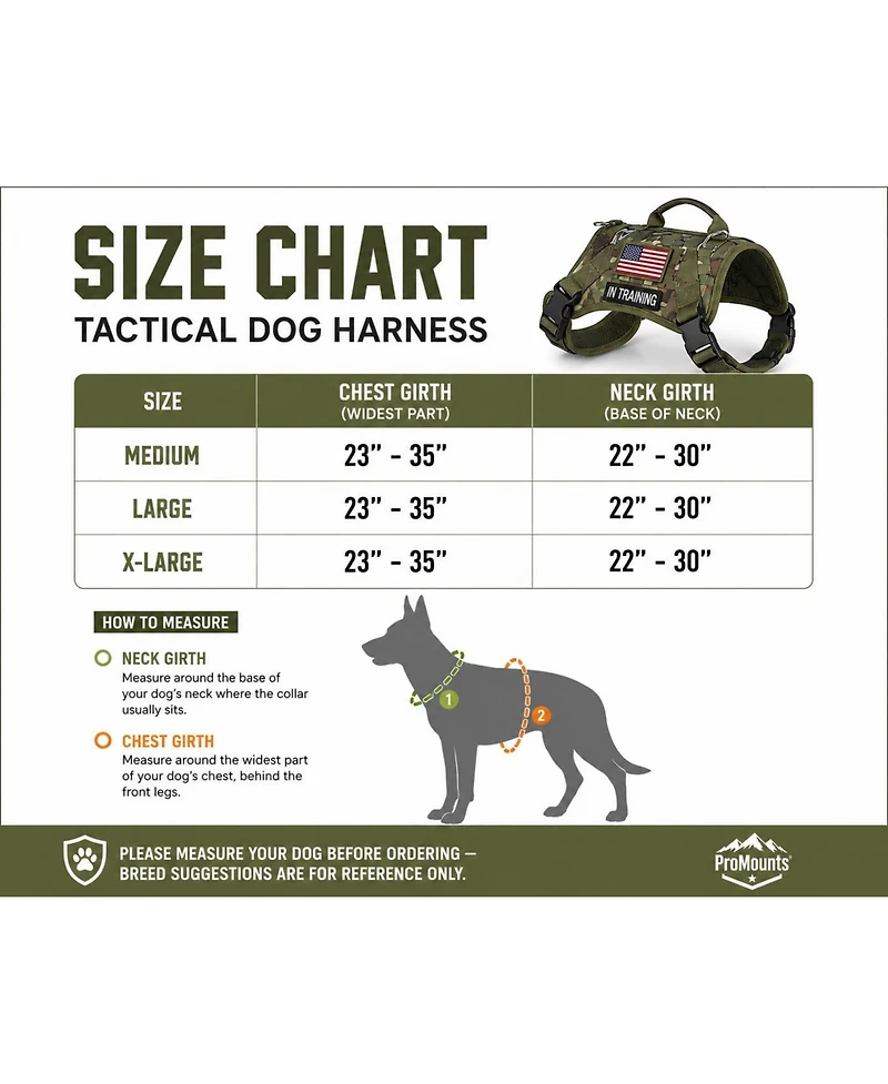 ProMounts Adjustable Tactical Dog Harness for Medium & Large Dogs