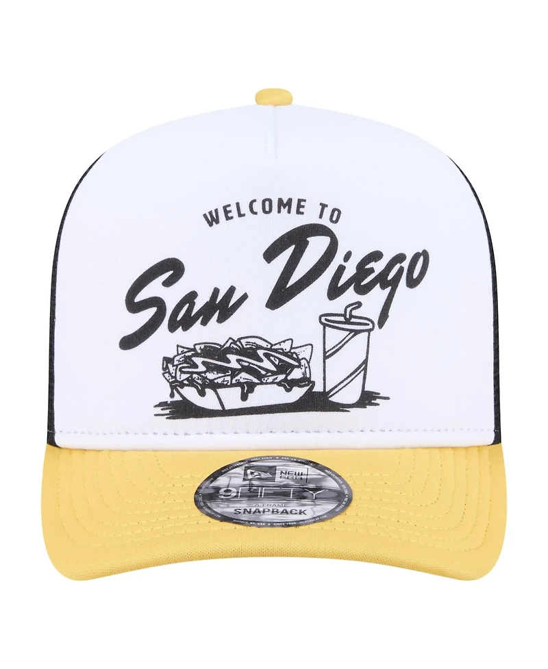 New Era Men's White, Gold San Diego Padres Foodie A-Frame 9FIFTY Trucker Snapback Hat