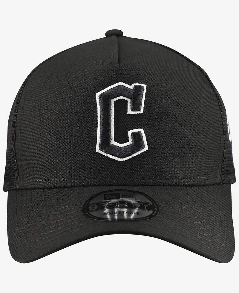 New Era Men's Black Cleveland Guardians Side Script 9FORTY A-Frame Trucker Adjustable Hat