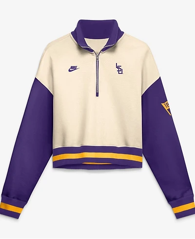 Nike Women's Natural, Purple Lsu Tigers Oversized Legacy Color Block Cropped Quarter-Zip Pullover