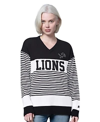 Starter Women's Black Detroit Lions No Huddle Striped V-Neck Sweater