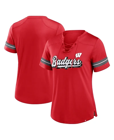 Fanatics Women's Red Wisconsin Badgers Fundamental Overtime Readiness Athena Lace-Up V-Neck T-Shirt