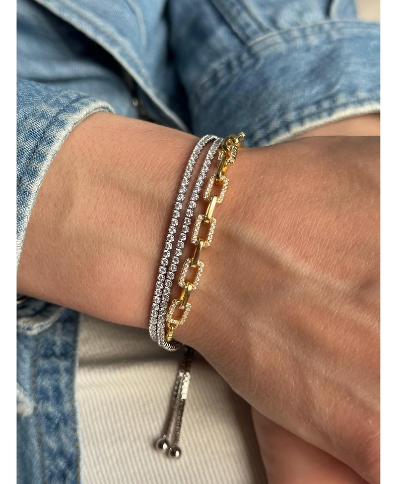 Suzy Levian New York Sterling Silver Pave Cubic Zirconia Adjustable Bolo Paperclip Bracelet
