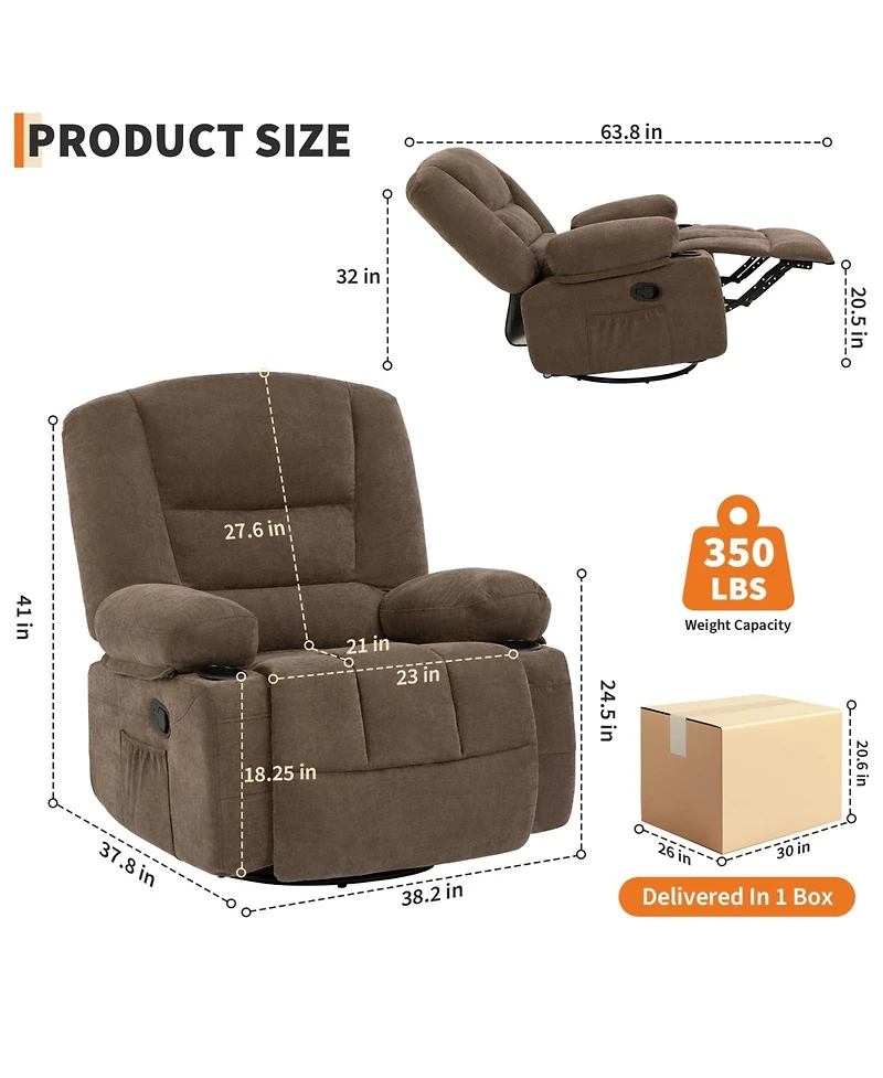 homfan Oversized Recliner, Wide Rocker with Massage Heat, 360degree(s) Swivel Seat for Adults, Glider with Storage, Pockets, 2 Cup Holders