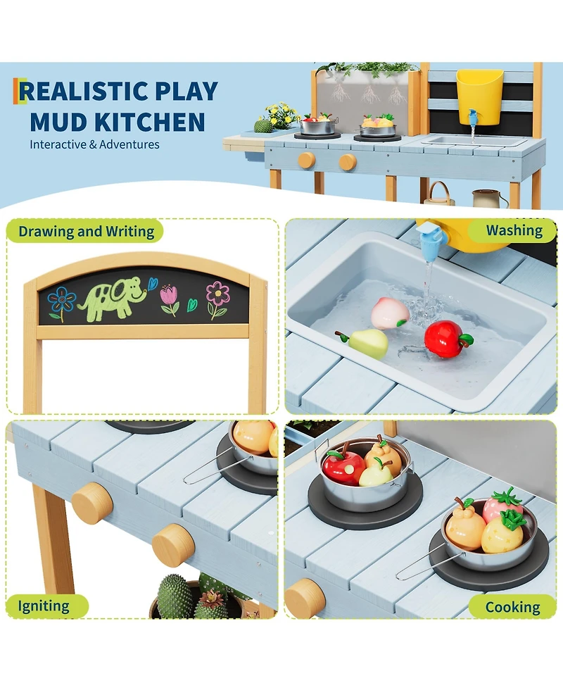 homfan 2 in 1 Wooden Mud Kitchen Water and Sand Table, Fir Wood Sensory Play Table with Removable Basin and Chalkboard for Kids Ages 3